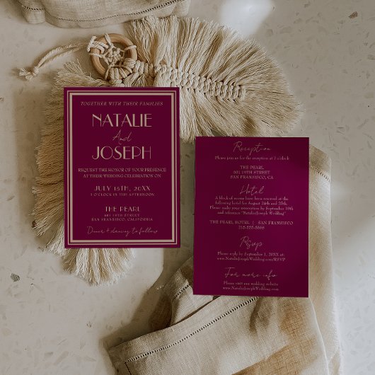 Fancy Wine Dusty Rose Old Money All In One Wedding Kaart