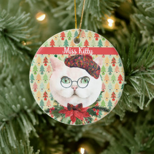 Fancy witte kat en poinsettia - Aangepast Keramisch Ornament