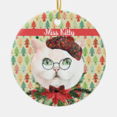 Fancy witte kat en poinsettia - Aangepast Keramisch Ornament (Voorkant)