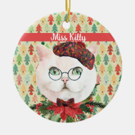 Fancy witte kat en poinsettia - Aangepast Keramisch Ornament