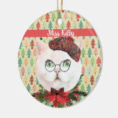 Fancy witte kat en poinsettia - Aangepast Keramisch Ornament (Links)