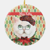 Fancy witte kat en poinsettia - Aangepast Keramisch Ornament (Achterkant)
