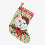 Fancy witte kat en poinsettia - Aangepast Kleine Kerstsok (Voorkant (Hangend))