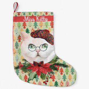 Fancy witte kat en poinsettia - Aangepast Kleine Kerstsok