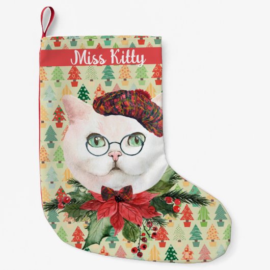 Fancy witte kat en poinsettia - Aangepast Kleine Kerstsok (Voorkant)