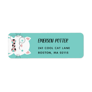 Fancy witte kat   Turquoise Etiket