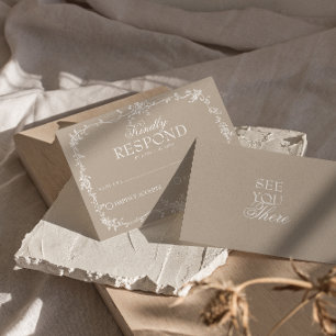 Fancy zachte taupe bloemrijke boho bruiloft RSVP Kaartje