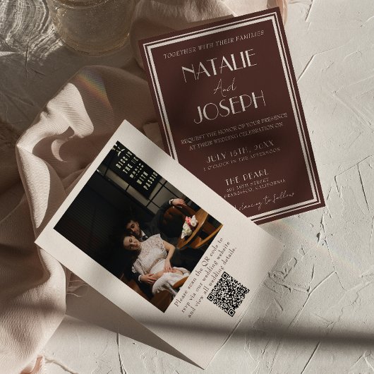 Fancy Zwart Crème Oud Geld QR Code Foto Bruiloft Kaart