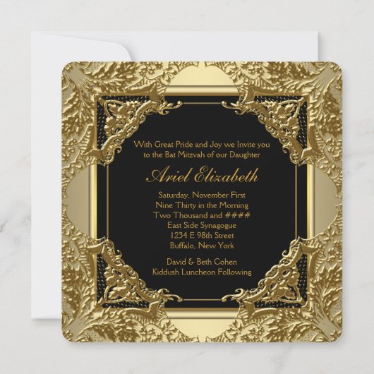 Fancy Zwart en Goud Bat Mitzvah Kaart (Achterkant)