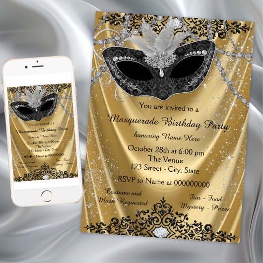 Fancy Zwart en Goud Masquerade Party Kaart