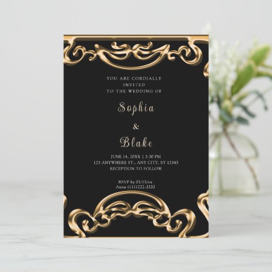 Fancy zwart en gouden scrollers kaart (Staand voorkant)