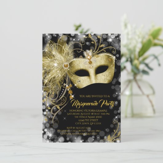Fancy Zwart Goud Glitter Masquerade Party Kaart (Staand voorkant)