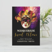 Fancy Zwart Paars Goud Masquerade Uitnodiging (Staand voorkant)