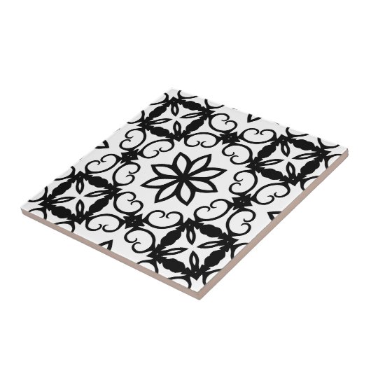 Fancy zwart-witte bloemcaleidoscoop tegeltje (Zijkant)