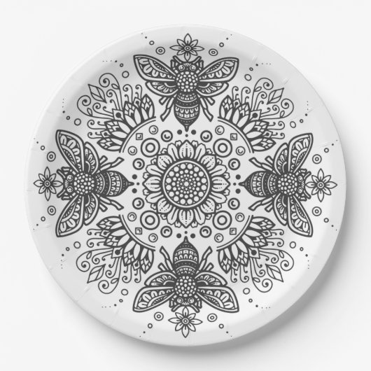 Fancy zwarte bijen Mandala Papieren Bordje (Voorkant)