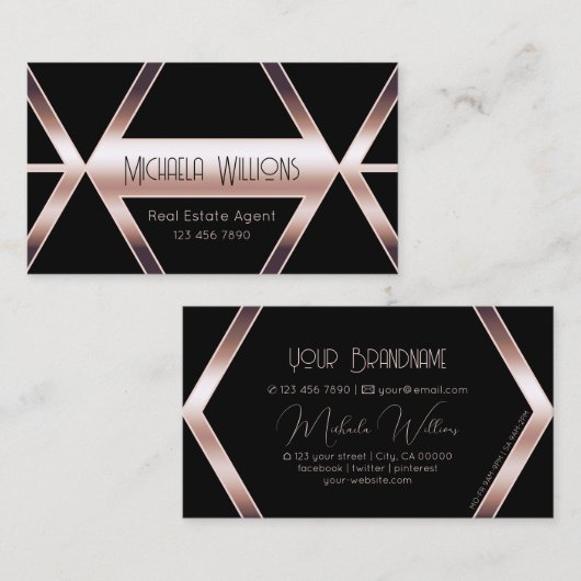 Fancy zwarte Geometric Shimmery Roos Gold Classy Visitekaartje (Voorkant / Achterkant)