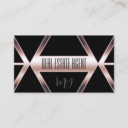 Fancy zwarte geometrisch met Roos Gold en monogram Visitekaartje (Voorkant)