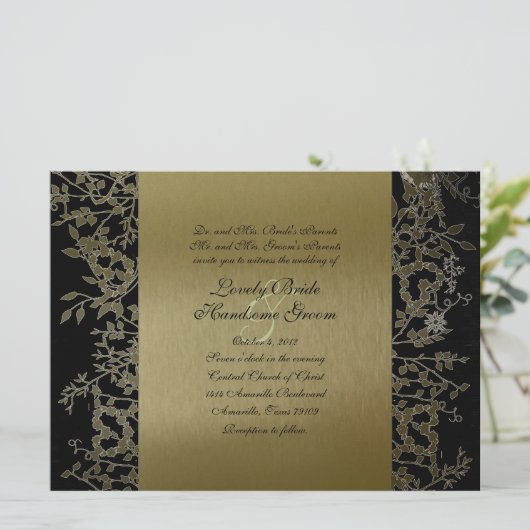 Fancy zwarte goudmetalen bruiloft kaart (Staand voorkant)