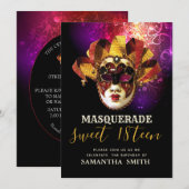 Fancy zwarte Paarse Gold Masquerade-uitnodiging Kaart (Voorkant / Achterkant)