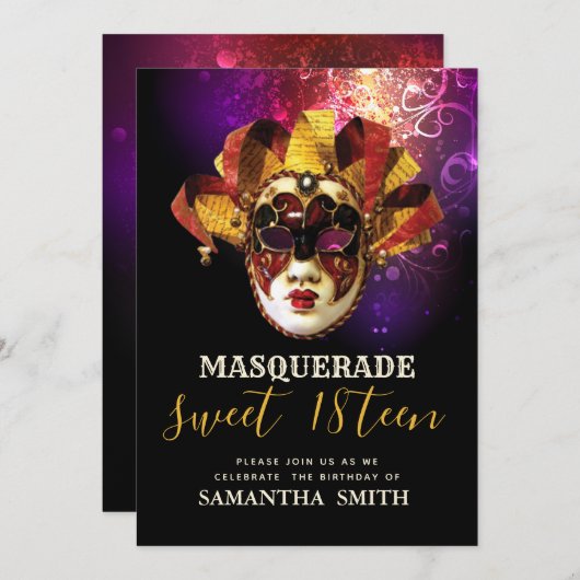 Fancy zwarte Paarse Gold Masquerade-uitnodiging Kaart (Voorkant / Achterkant)
