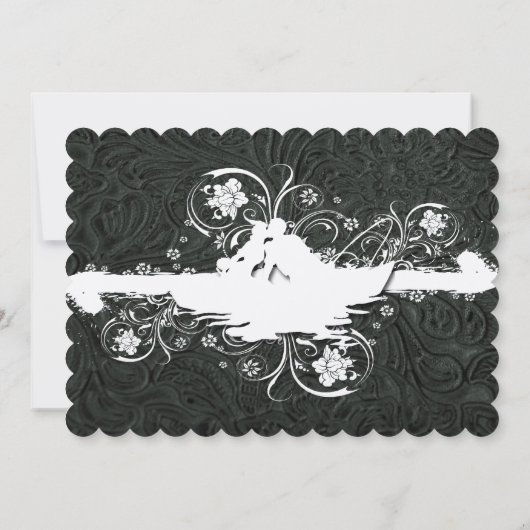 Fancy zwarte witte bijtende botbruiloft uitnodigen kaart (Achterkant)