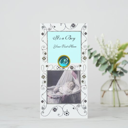 FANCY ZWEEFSIRLS BABY BOY MONOGRAM, aquamarine whi Aankondiging (Staand voorkant)