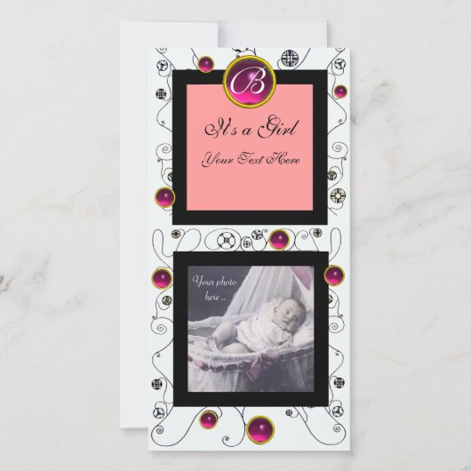 FANCY ZWEMMELEN BABY GIRL MONOGRAM, ruby white Aankondiging (Voorkant)