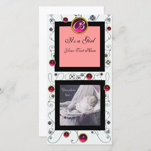 FANCY ZWEMMELEN BABY GIRL MONOGRAM, ruby white Aankondiging (Voorkant / Achterkant)