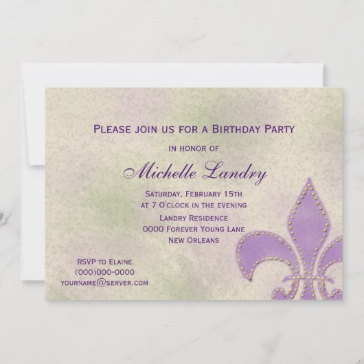 Fancy Zwirl Paarse Fleur de Lis Birthday Party Kaart (Achterkant)