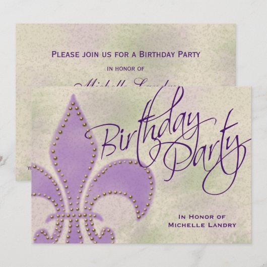 Fancy Zwirl Paarse Fleur de Lis Birthday Party Kaart (Voorkant / Achterkant)