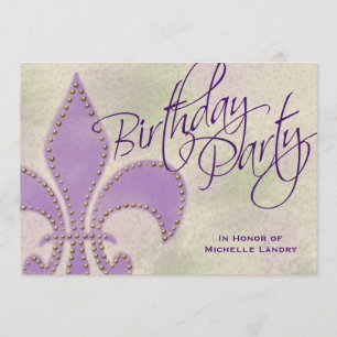 Fancy Zwirl Paarse Fleur de Lis Birthday Party Kaart