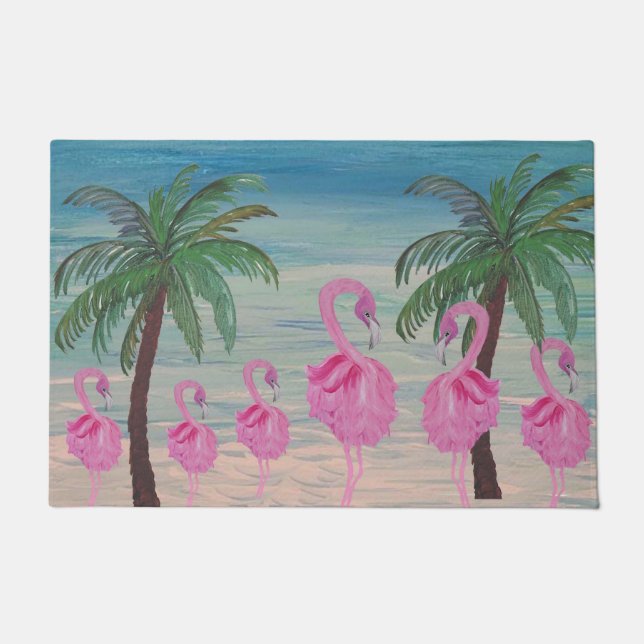 Fancyf flamingos and palm tres tropical deurmat (Voorkant)