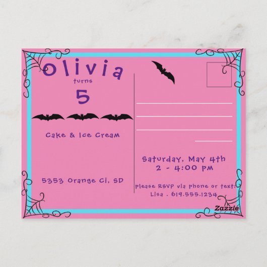 Fang-tastische spinnenweb- en vleermuis-verjaardag briefkaart (Achterkant)