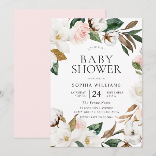 Fanisch Blush White Floral Wreated Baby shower Kaart (Voorkant / Achterkant)