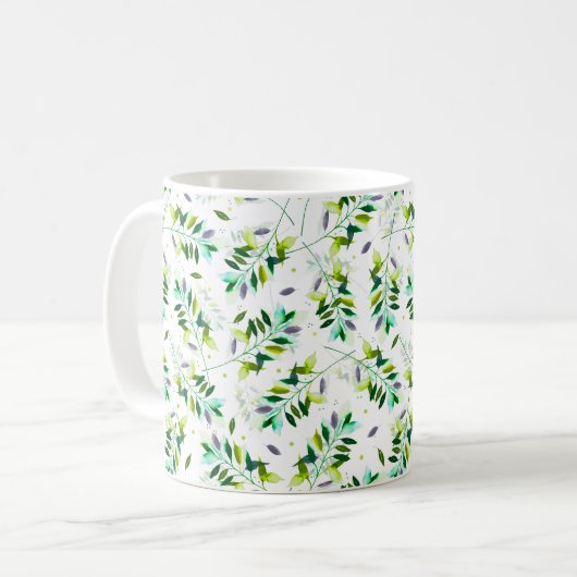 Fanische bladeren met violet en groen Waterverf Koffiemok (Voorkant links)