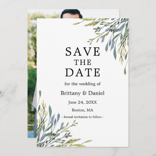 Fanische Waterverf Foto van Delicate Botanical Gre Save The Date (Voorkant / Achterkant)