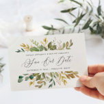 Fanische waterverf groene gouden herfst modern scr briefkaart<br><div class="desc">Plum paars,  roze,  Bourgogne   gouden bruiloft met behoud van het date briefkaart. Mooie waterverf florale,  foliage- en fruitvormgeving.</div>
