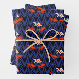 Fantail Goldfish on Segaiha Wave Pattern Inpakpapier Vel