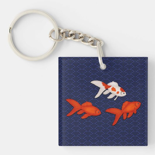 Fantail Goldfish op Seigaiha Wave Pattern Japans Sleutelhanger (Voorkant)