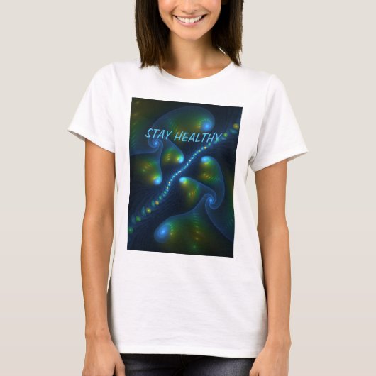 Fantasie Abstract Blauw Groen Geel Fractal Tekst T-shirt (Voorkant)