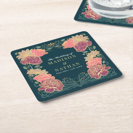 Fantasie betoverde bloementuin bruiloft kartonnen onderzetters (Schuin)