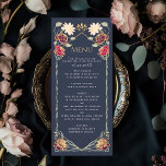 Fantasie betoverde bloementuin bruiloft menu<br><div class="desc">Dit elegante, grillige, Fantasy Enchanted Floral Garden-ontwerp is perfect voor een betoverd feest met een bosthema of een tuinfeest. Dit ontwerp is voorzien van roze en rode bloemenelementen in een lijst van groene bladeren en gouden accenten tegen een blauwe achtergrond. Overeenkomende items in onze winkel voor een compleet feestthema. Het...</div>
