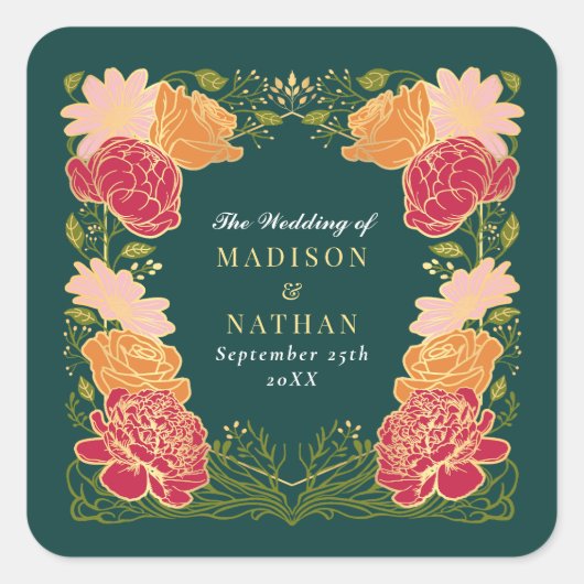 Fantasie betoverde bloementuin bruiloft vierkante sticker (Voorkant)