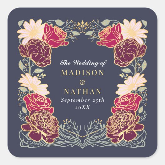 Fantasie betoverde bloementuin bruiloft vierkante sticker (Voorkant)