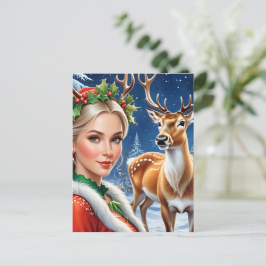 Fantasie blonde vrouw en herten Kerstmis Briefkaart (Staand voorkant)