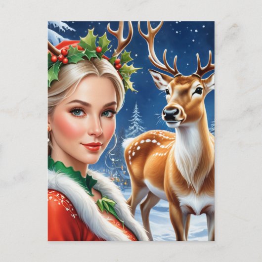Fantasie blonde vrouw en herten Kerstmis Briefkaart (Voorkant)
