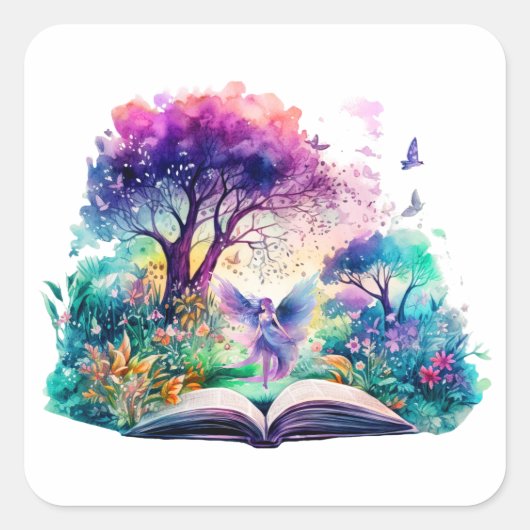 Fantasie Boek Liefhebber Fee Vierkante Sticker (Voorkant)