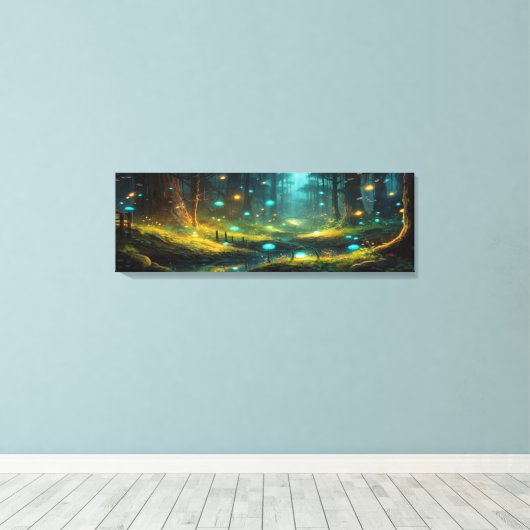 Fantasie bos verlichting mashrooms Panoramic Canvas Afdruk (Insitu (Houten vloer))