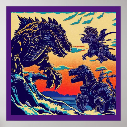 Fantasie Dinosaurus Robots Anime - Woodcut 1 Poster (Voorkant)