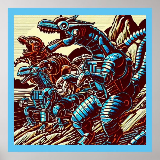 Fantasie Dinosaurus Robots Anime - Woodcut 3 Poster (Voorkant)